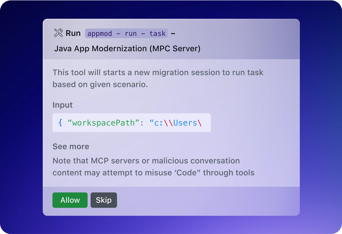 Interface for “Java App Modernization (MPC Server)” showing input JSON { "workspacePath": "C:\\Users\\" } with buttons “Allow” and “Skip.”