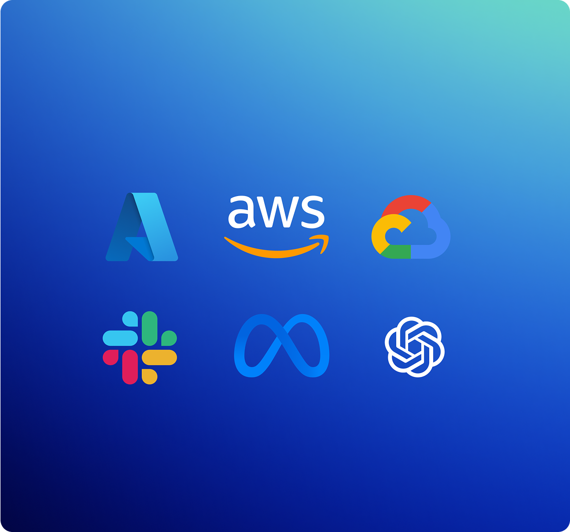 The image features six logos of prominent technology companies arranged in a 2x3 grid on a blue gradient background. The top row includes the logos for Microsoft Azure, Amazon Web Services (AWS), and Google Cloud. The bottom row includes the logos for Slack, Meta (formerly Facebook), and OpenAI.