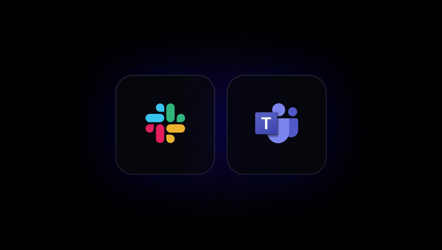 Two dark square icons on a black background showing logos for Slack and Microsoft Teams.