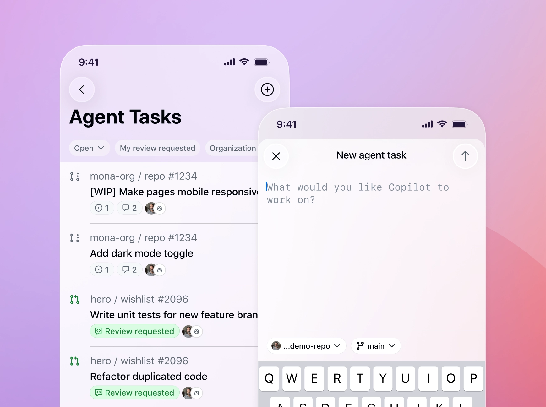 Two phone screens are shown: in the first screen, a list of agent tasks is shown. In the second screen, it shows a blank new agent task that asks, "What would you like Copilot to work on?"